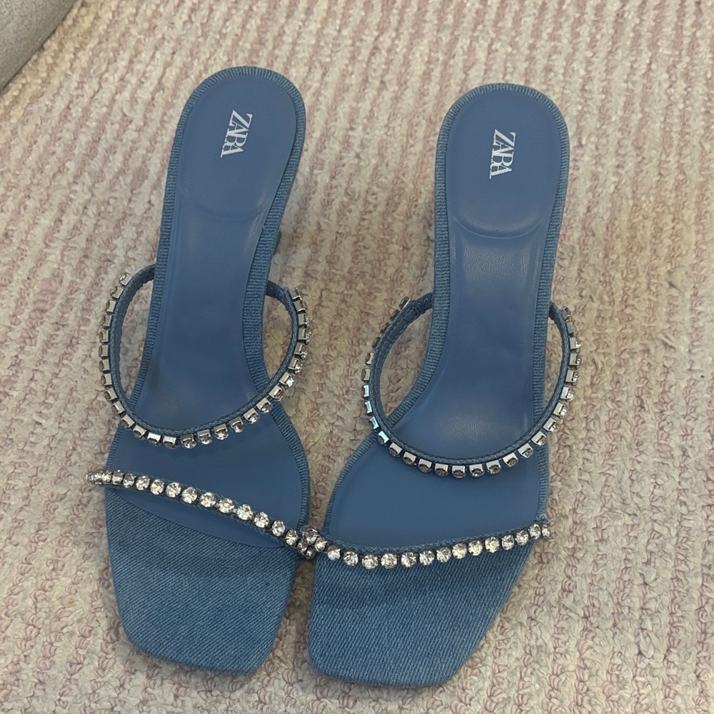 NEW Zara Denim Blue Crystal Mules